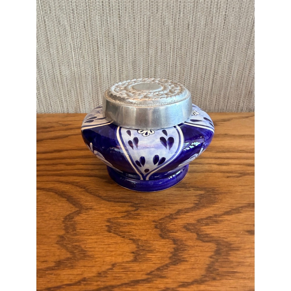 Vintage BMT Mexico Blue White Ceramic Covered Bowl Jar with Metal Lid